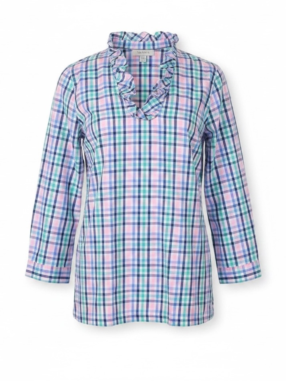 TALBOTS Ruffle Trim Popover Blouse Gingham Multicolor Size 8